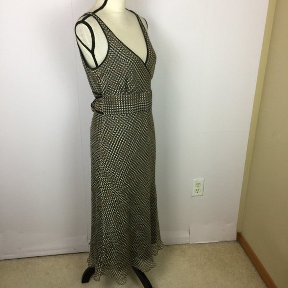 J Crew Sophia Midi Silk Dress Size 10 Womans Black Brown Plaid V-Neck Sleeveless - Picture 4 of 13
